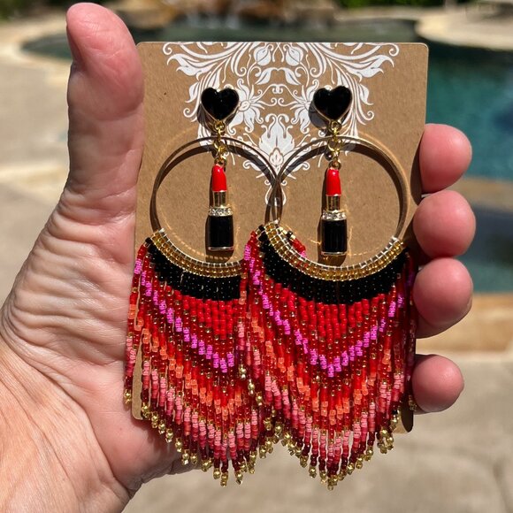 Handmade Beaded Long Tassel Fringe Dangle Drop Lightweight Post Hoop Earrings - Picture 3 of 10